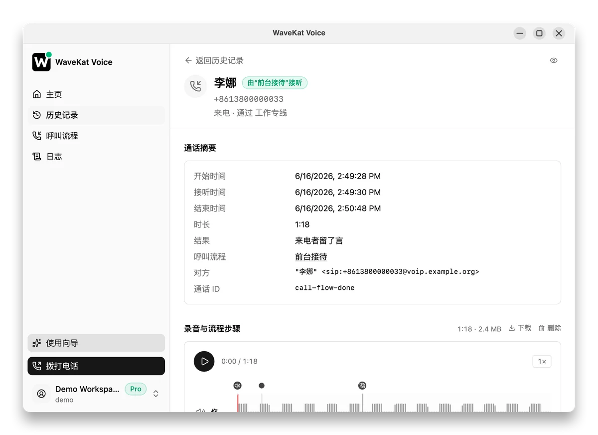 Ubuntu 上的 WaveKat Voice —— 一通由流程接听、已结束的通话：「由前台接待接听」标记、结果显示「来电者留了言」，下方是录音。