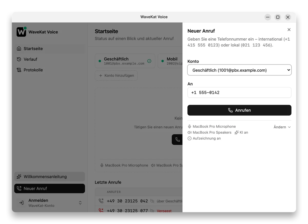 WaveKat Voice auf Ubuntu — das Fenster „Neuer Anruf" ist geöffnet, eine Telefonnummer ist bereits eingetragen und bereit zum Wählen.