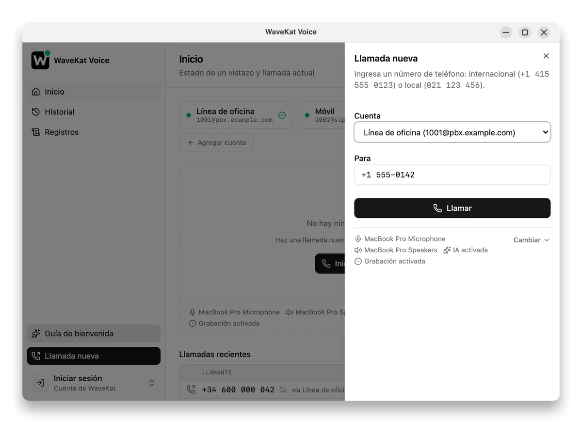 WaveKat Voice en Ubuntu — la hoja de Llamada nueva abierta con un número de teléfono ya escrito, lista para marcar.