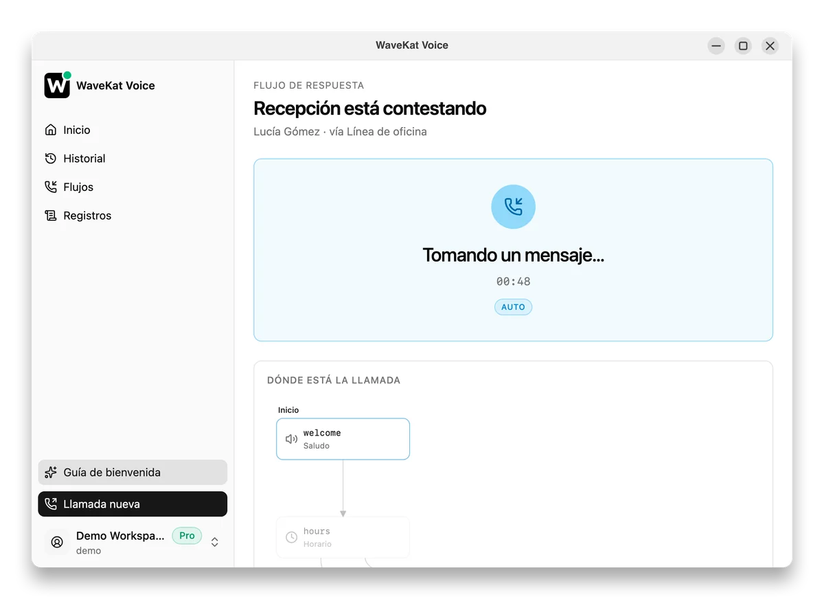 WaveKat Voice en Ubuntu: una llamada contestada por un flujo, con «Recepción está contestando», «Tomando un mensaje…» y el nombre de quien llama.