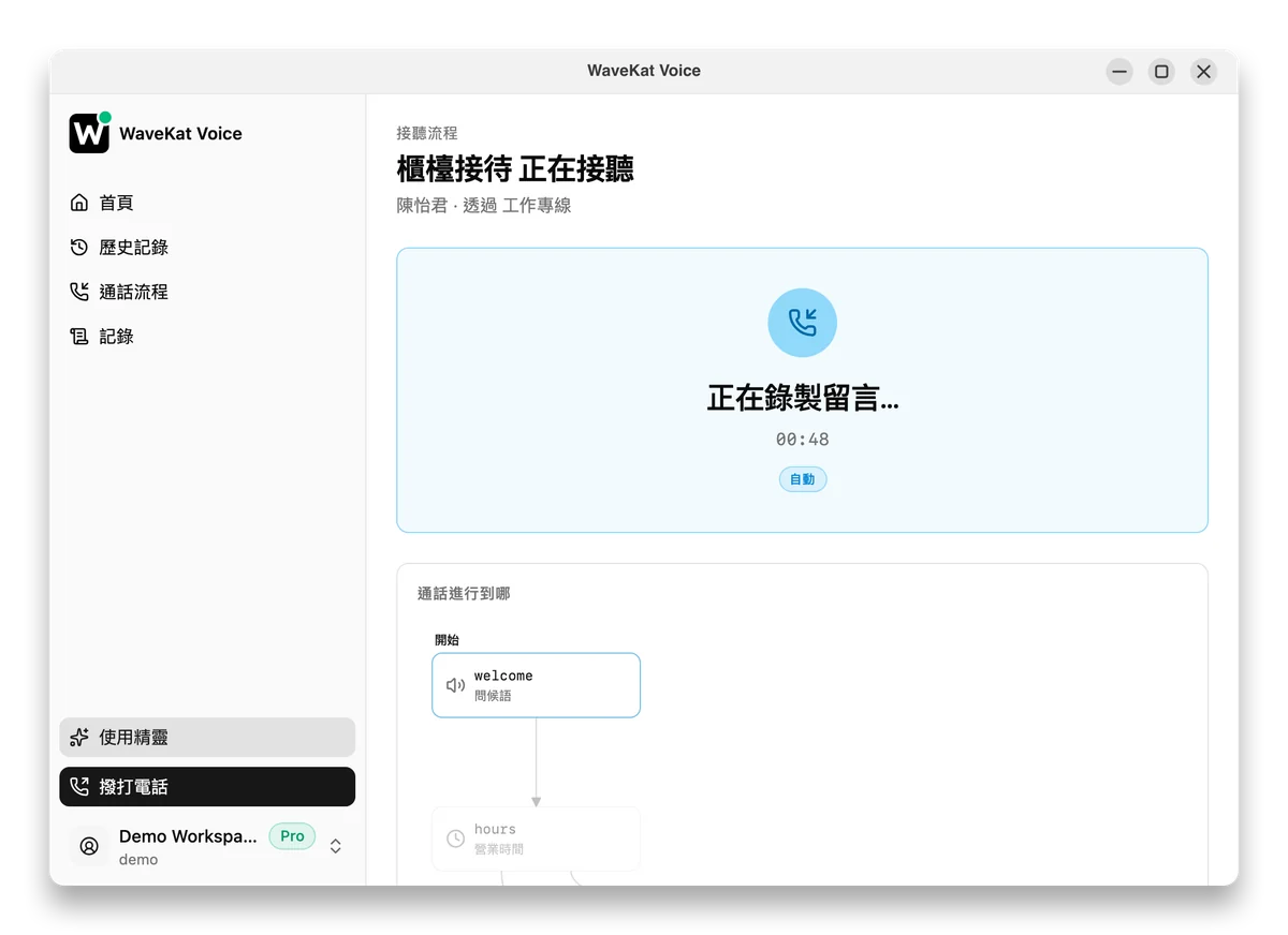 Ubuntu 上的 WaveKat Voice —— 一通由流程接聽的電話：「櫃檯接待 正在接聽」，下方顯示「正在錄製留言…」和來電者的名字。