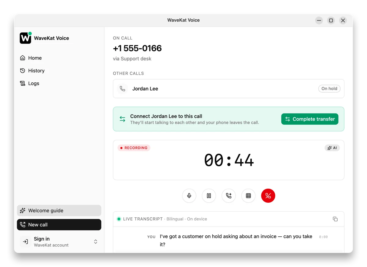 WaveKat Voice on the desktop mid attended transfer — the caller on hold and a Complete transfer button to connect them.