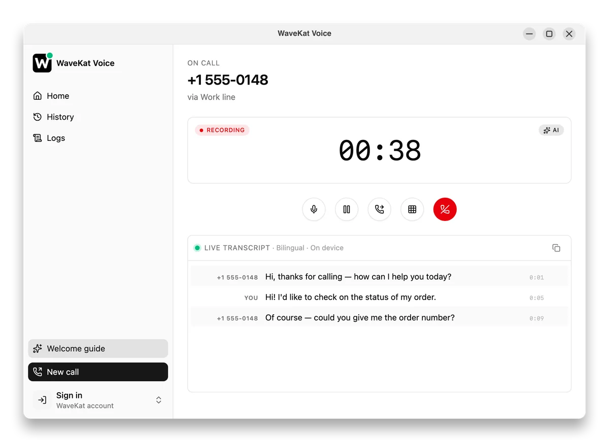 WaveKat Voice on Ubuntu — a call the assistant placed, in progress, with a live transcript alongside.