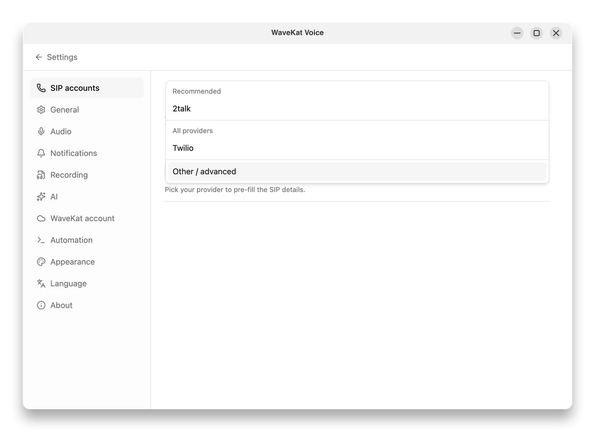 Add an account and choose 2talk from the provider list.