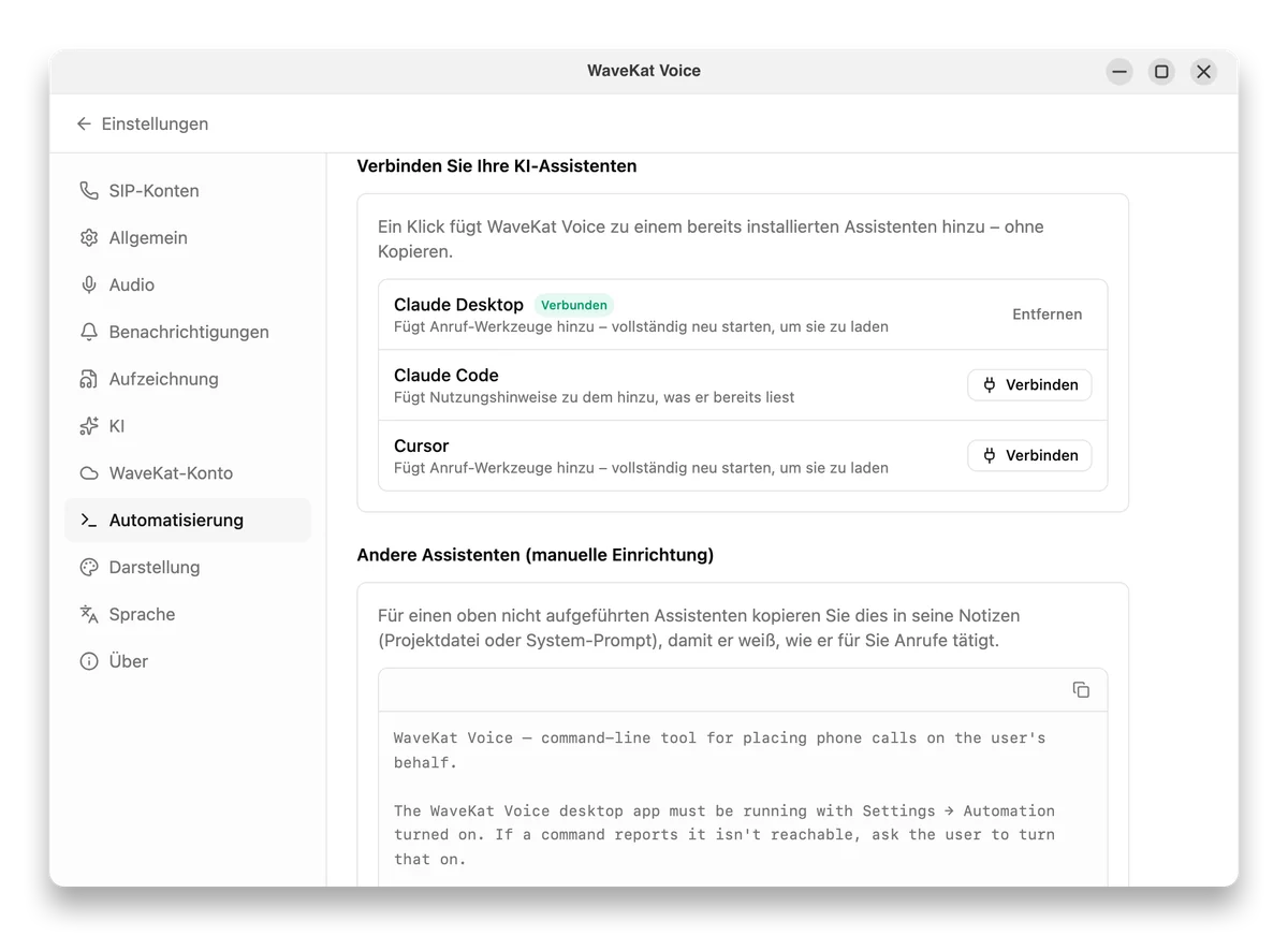 WaveKat Voice, Einstellungen → Automatisierung — KI-Assistenten wie Claude und Cursor werden mit einer Ein-Klick-Schaltfläche „Verbinden“ angebunden.