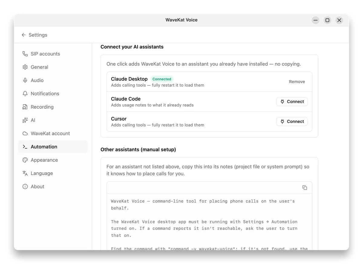 WaveKat Voice Settings → Automation, connecting AI assistants like Claude and Cursor with a one-click Connect button.