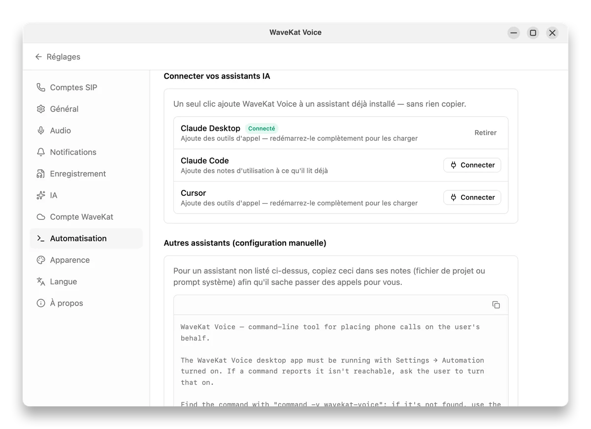 WaveKat Voice, Réglages → Automatisation — connexion d’assistants IA comme Claude et Cursor avec un bouton Connecter en un clic.
