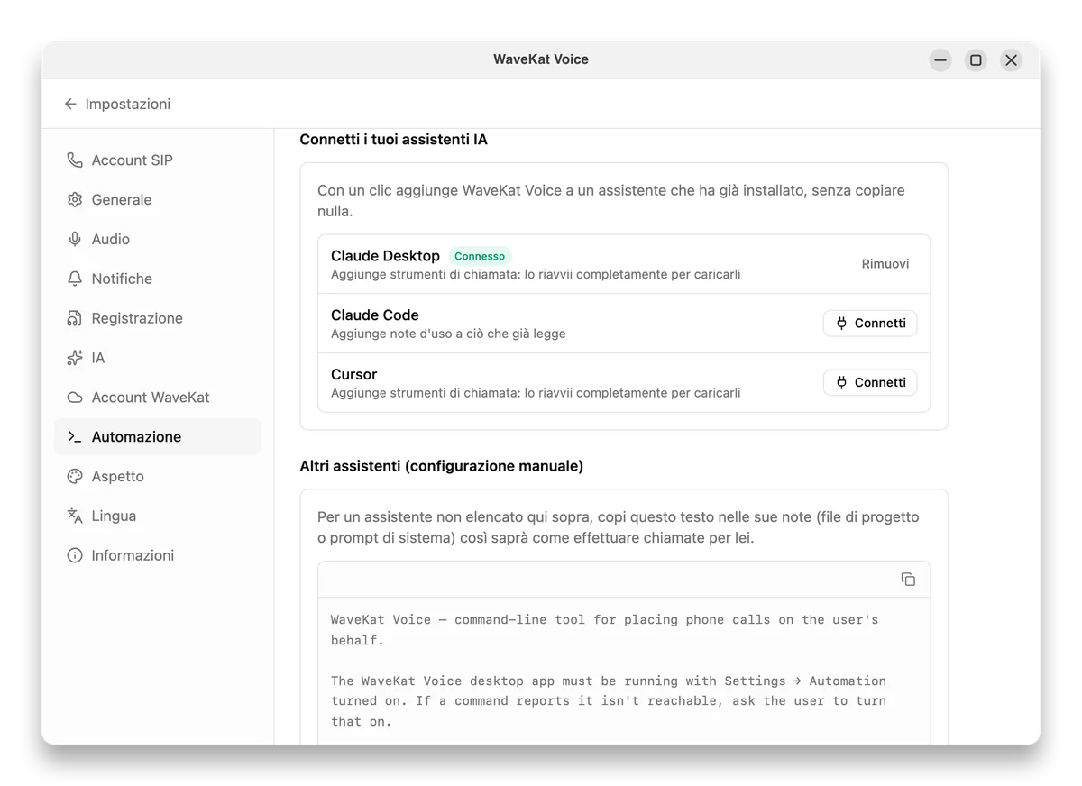 WaveKat Voice, Impostazioni → Automazione — collegamento di assistenti AI come Claude e Cursor con un pulsante Connetti con un clic.