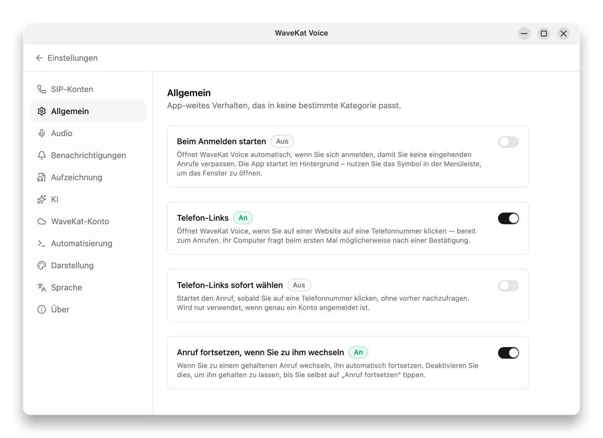 WaveKat Voice auf Ubuntu — Einstellungen → Allgemein mit dem eingeschalteten Schalter „Telefon-Links".
