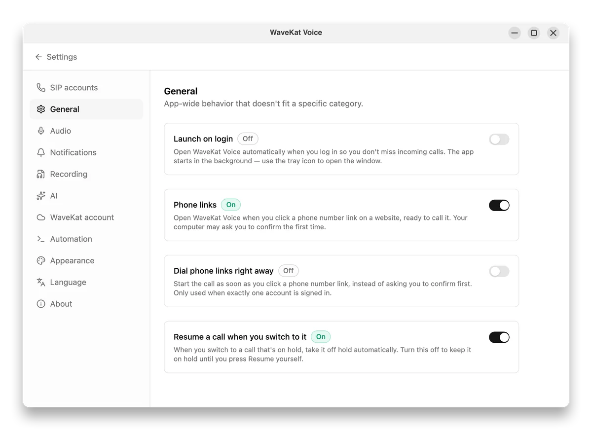 WaveKat Voice on Ubuntu — Settings → General with the Phone links toggle switched on.