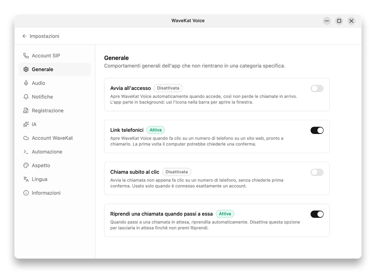 WaveKat Voice su Ubuntu — Impostazioni → Generali con l'interruttore Link telefonici attivato.