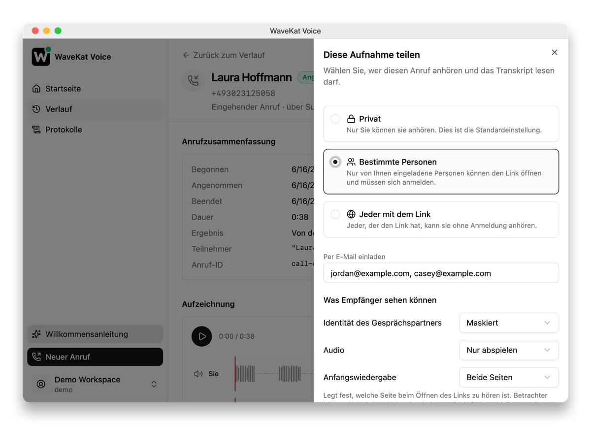 WaveKat Voice teilt eine Anrufaufnahme — privat, auf Einladung oder für alle mit dem Link, mit maskierter Anruferkennung