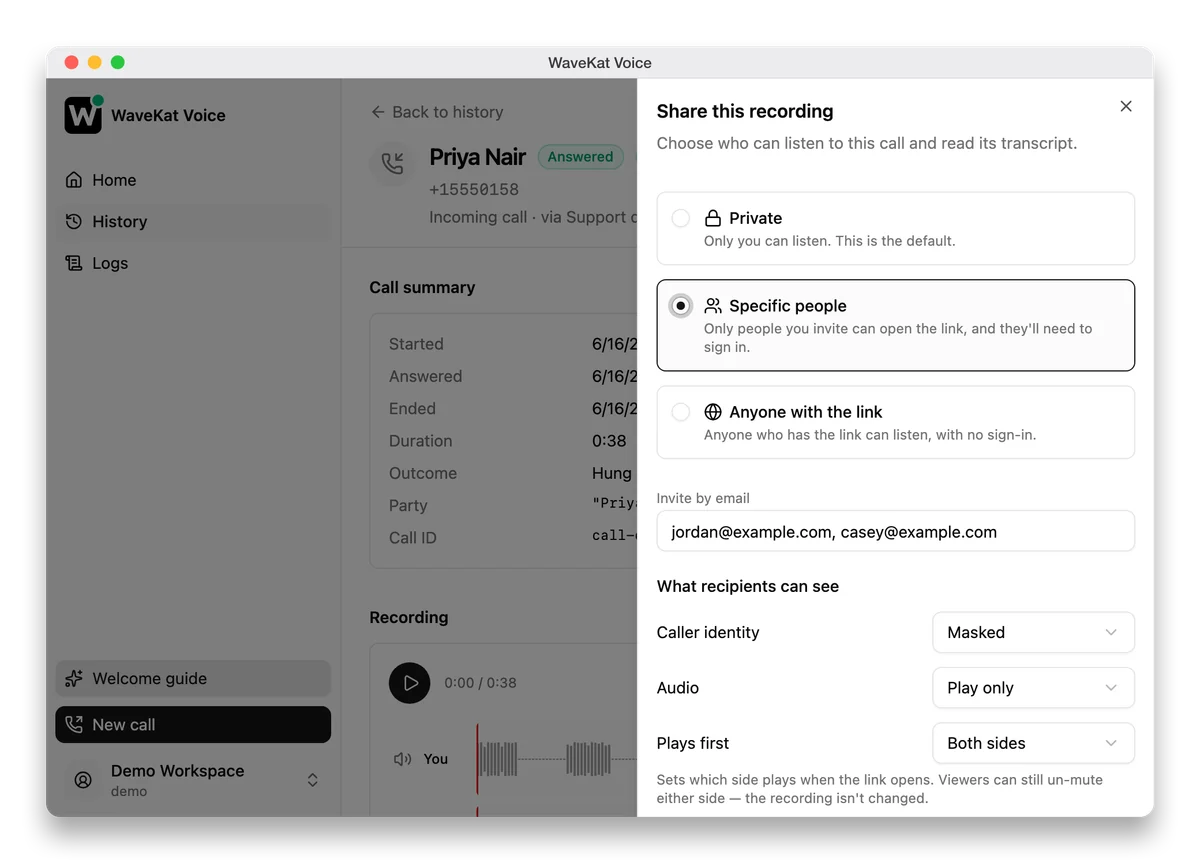 WaveKat Voice sharing a call recording, with private, specific-people and anyone-with-the-link options and the caller identity masked