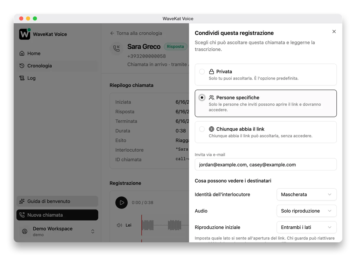 WaveKat Voice condivide la registrazione di una chiamata: privato, su invito o chiunque abbia il link, con l’identità del chiamante mascherata