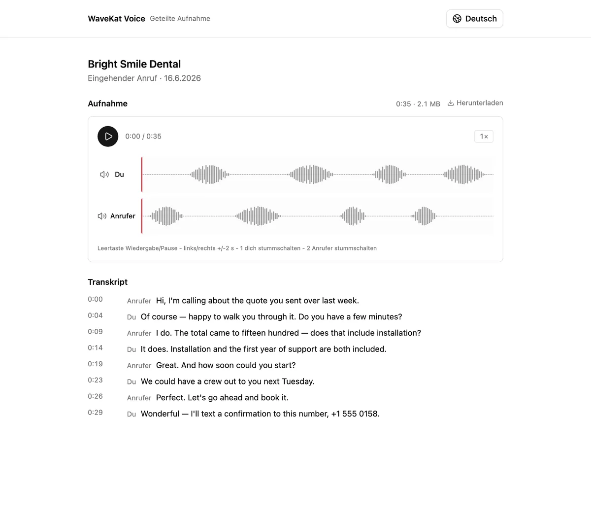 Eine geteilte WaveKat-Voice-Aufnahme, im Browser geöffnet — der Audioplayer und das nach Sprechern beschriftete Transkript, das ein Empfänger sieht.
