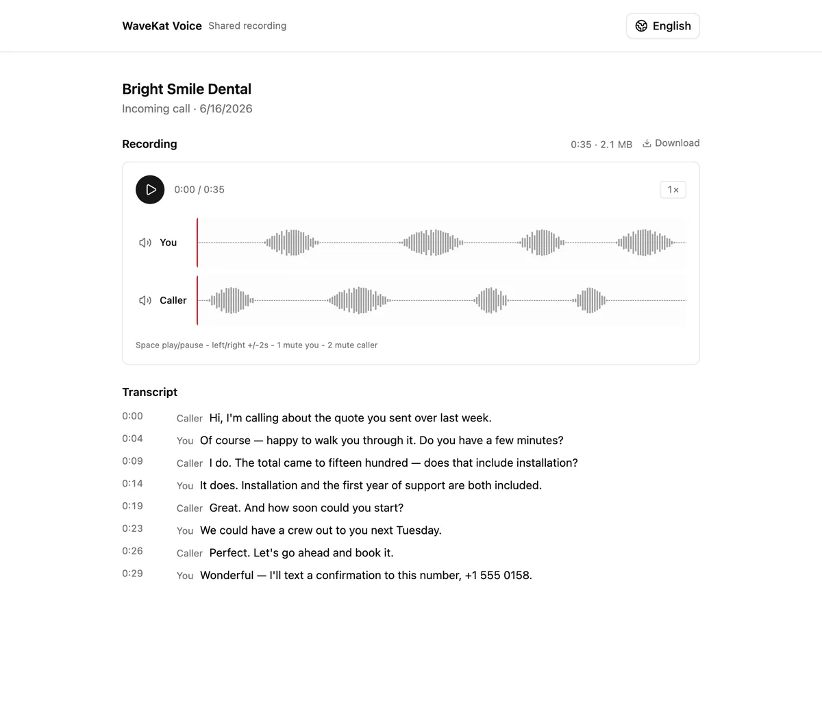 A shared WaveKat Voice recording opened in the browser — the audio player and speaker-labeled transcript that a recipient sees.