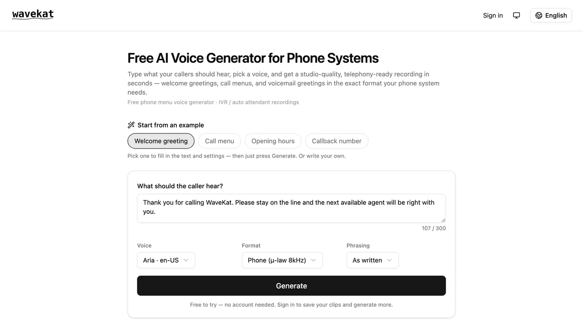 The WaveKat voice prompt generator — type what your callers should hear, pick a voice and a telephony format, and press Generate.