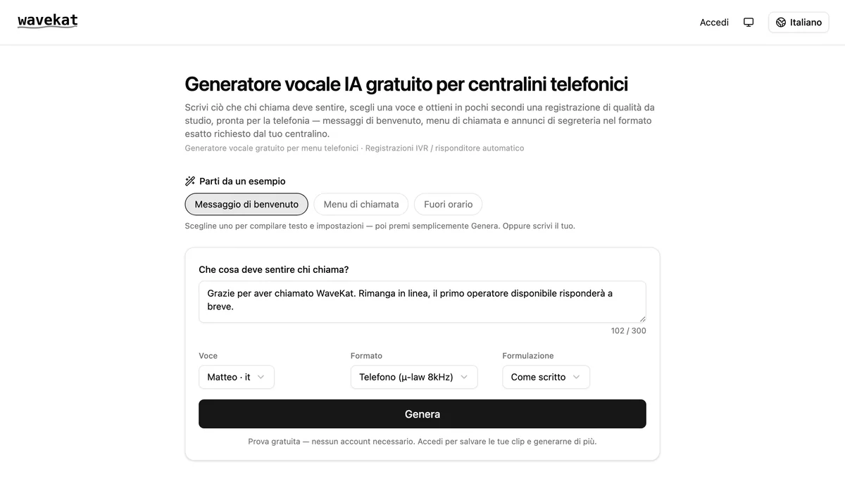 Il generatore di prompt vocali WaveKat — scrivi ciò che chi chiama deve sentire, scegli una voce e un formato per la telefonia e premi Genera.